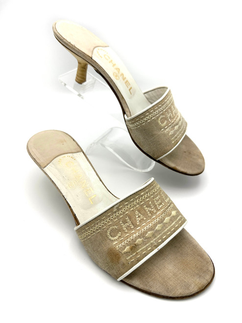 1990s - Y2K CHANEL Tan Needlepoint Embroidered Kitten Heel Sandals