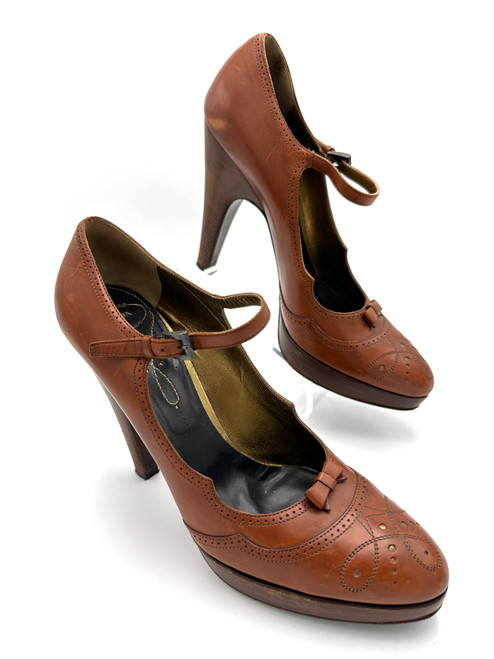 Y2K PRADA Brown Leather Oxford Style Ankle Strap Platform Heels