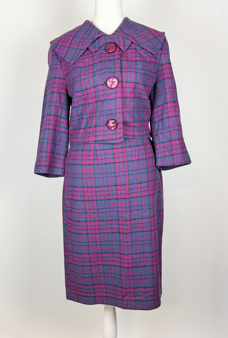 1960s Mod Pink Plaid 2 Pc Wool Jacket & Skirt Set