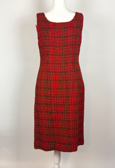 1960s Mod Red Plaid Tweed Midi Dress