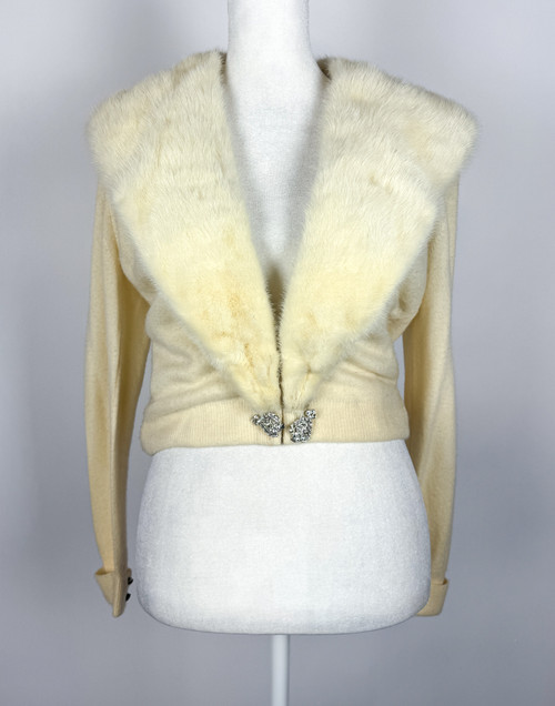 1950s Cream Cashmere Mink Fur Trim Cardigan Sweater