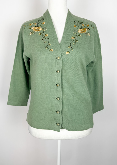 1940s - 1950s Luisa Spagnoli Green Angora Embroidered Cardigan Sweater