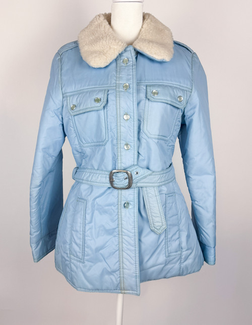 1970s Baby Blue Sherpa Trim Ski Puffer Coat