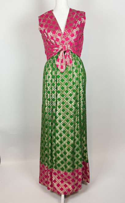 1960s 1970s Mollie Paris Boutique Pink and Green Metallic Gown
