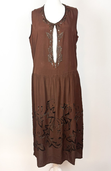 1920s Brown Silk Embroidered Flapper Dress