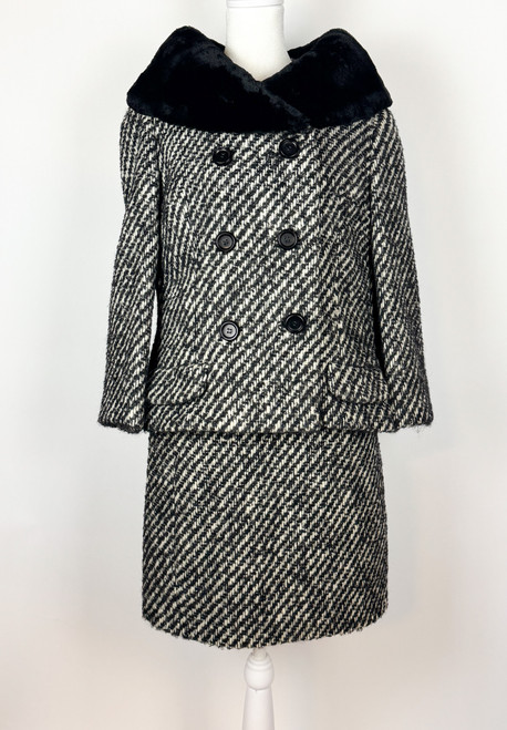 1960s Wool Tweed Chinchilla Fur Trim Jacket and Skirt Suit Set