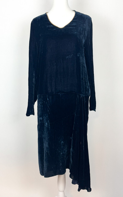 1920s Blue Silk Velvet Flapper Dress