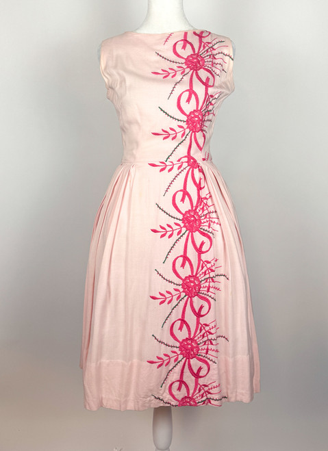 1950s Pink Floral Embroidered Cocktail Dress