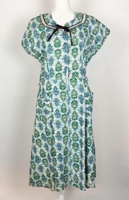 1940s Blue and Green Printed Cotton Dress