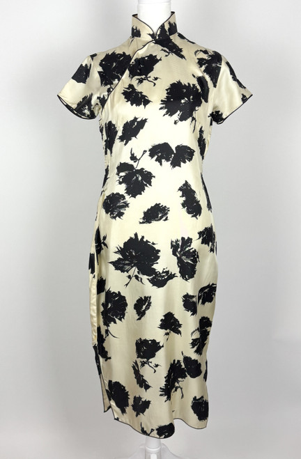 1940s Black and White Floral Print Silk Cheongsam Dress