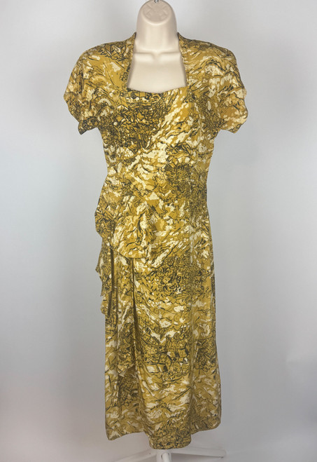 1940s Yellow Silk Novelty Print Dress
