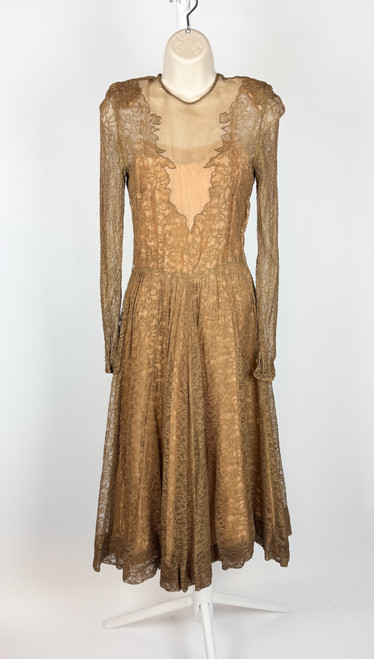 1940s Brown Mesh and Lace Cocktail Dress