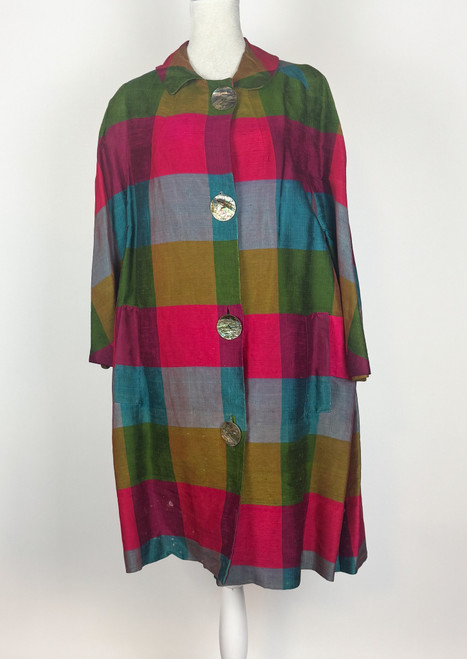 1950s - 1960s Multicolor Plaid Silk Swing Coat