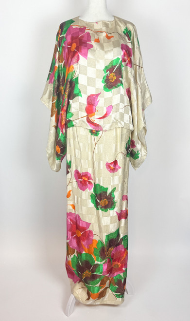 1970s Floral Metallic Wide Sleeve Top & Maxi Skirt 2 Pc Set