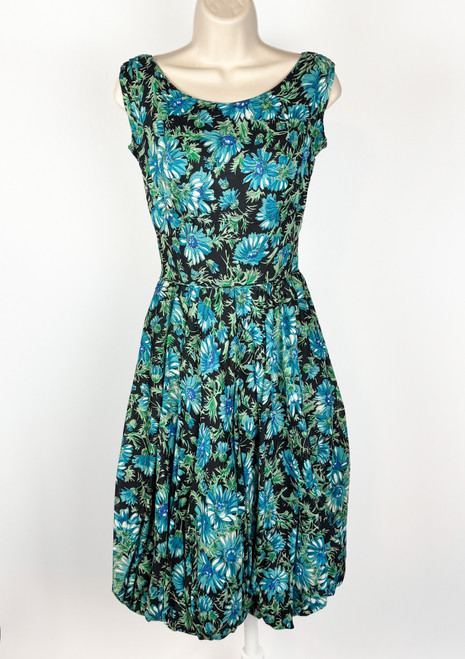 1950s Black Floral Print Bubble Hem Dress