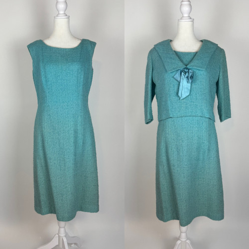 1960s Blue Boucle Wool Dress & Jacket 2 Pc Set