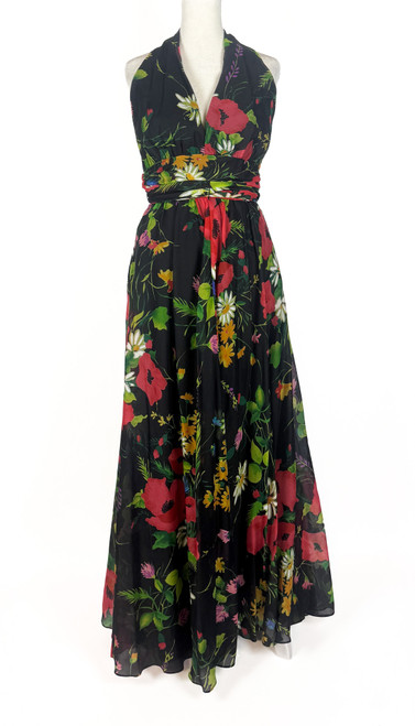 1970s Deadstock Floral Print Chiffon Maxi Gown