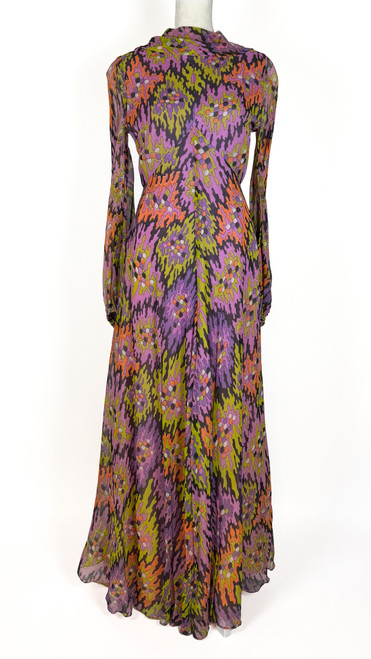 1970s Wavy Psychedelic Print Chiffon Maxi Dress