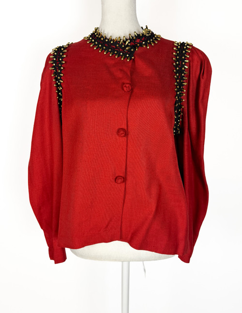 1960s - 1970s Fontayne Red Linen Beaded Blouse