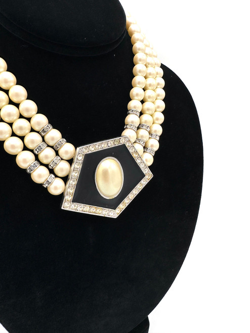 1980s - 90s YSL Yves Saint Laurent Enamel Pendant Multi Strand Pearl Beaded Necklace