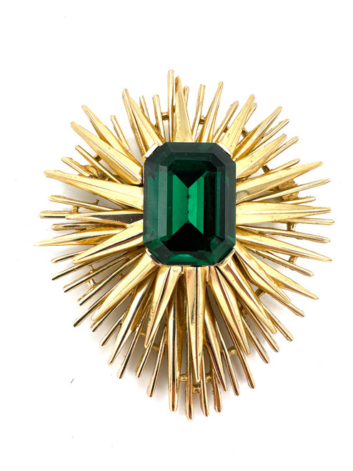 1950s - 60s Trifari Glass Emerald Starburst MCM Brooch