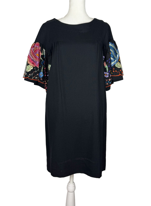 1960s Black Linen Embroidered Flutter Sleeve Dress