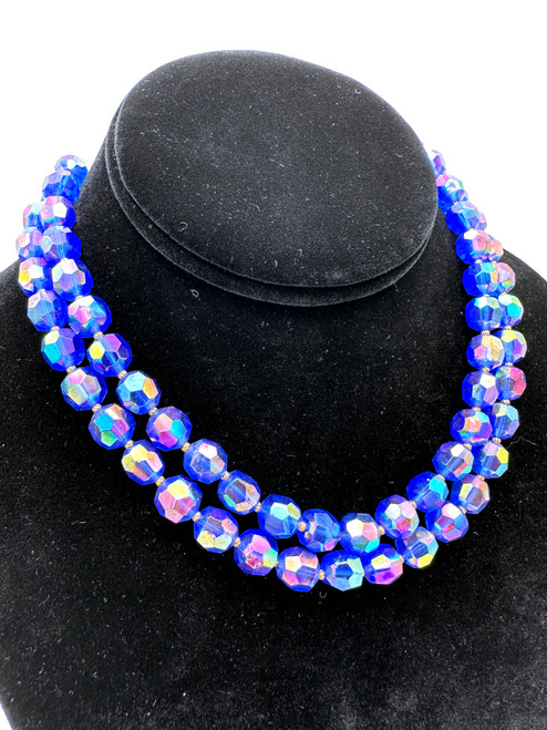 1950s Hattie Carnegie AB Blue Crystal Double Strand Beaded Necklace