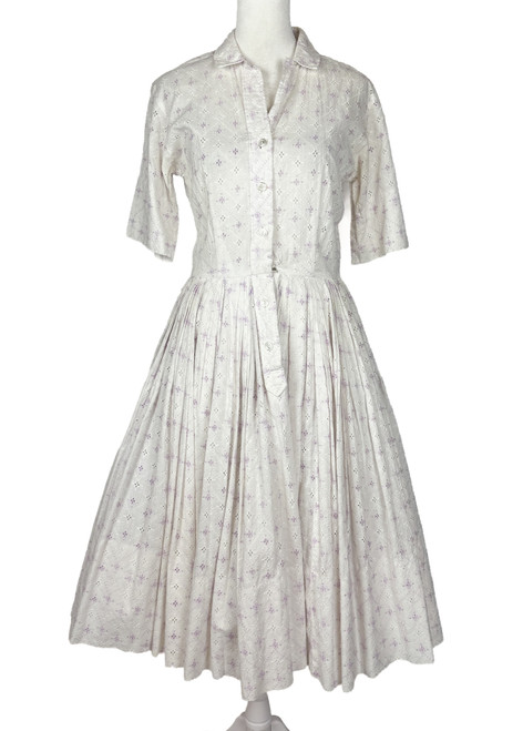 1950s White Eyelet Embroidered Swing Dress
