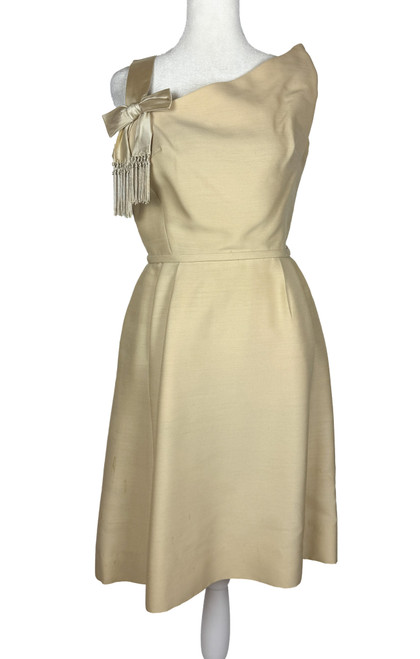 1950s - 1960s Cream Fringe Bow Cocktail Dress