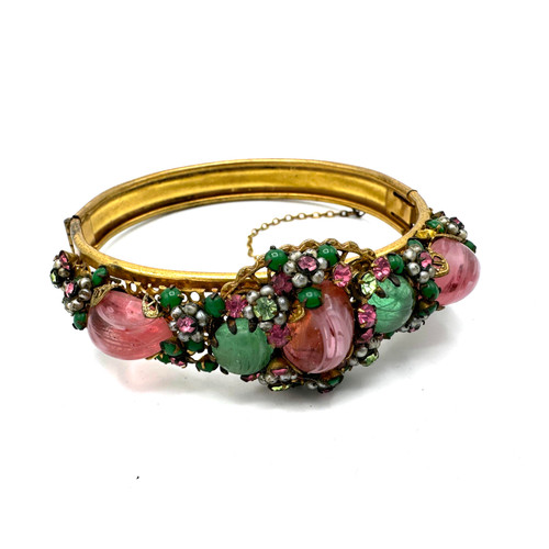 1940s - 50s Miriam Haskell Unstamped Pink And Green Glass Gem Bangle Bracelet