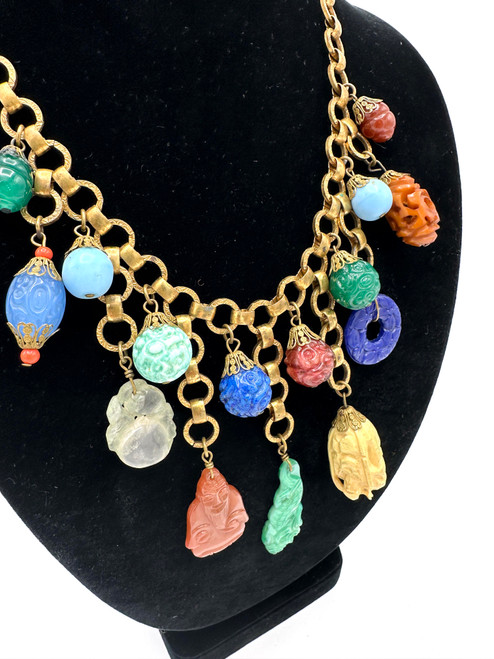 1940s - 50s Miriam Haskell Unstamped Multicolor Stone Charm Chain Link Necklace