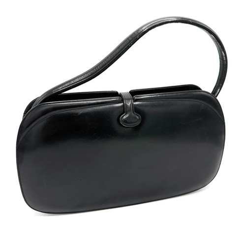 1960s Nettie Rosenstein Mod Black Leather Oval Top Handle Bag