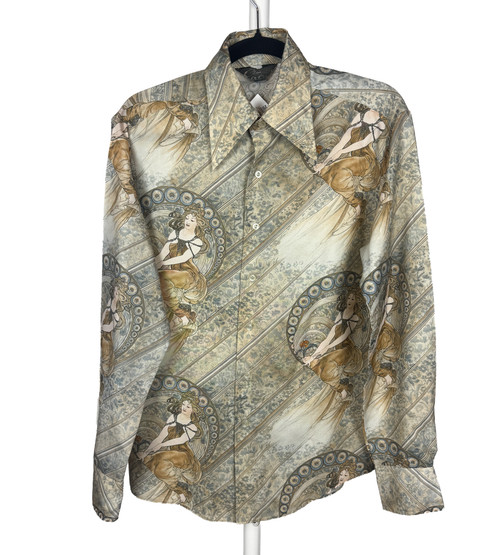 1970s Alfonse Mucha Chemise Art Nouveau Print Blouse