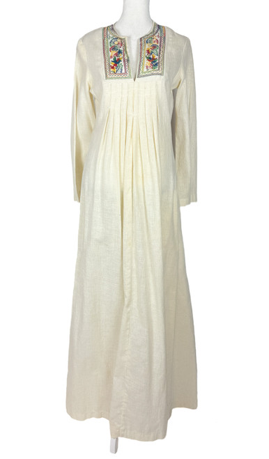1970s Cream Gauze Embroidered Caftan Maxi Dress