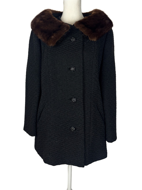 1950s - 1960s Black Wool Overcoat with Brown Mink Fur Trim