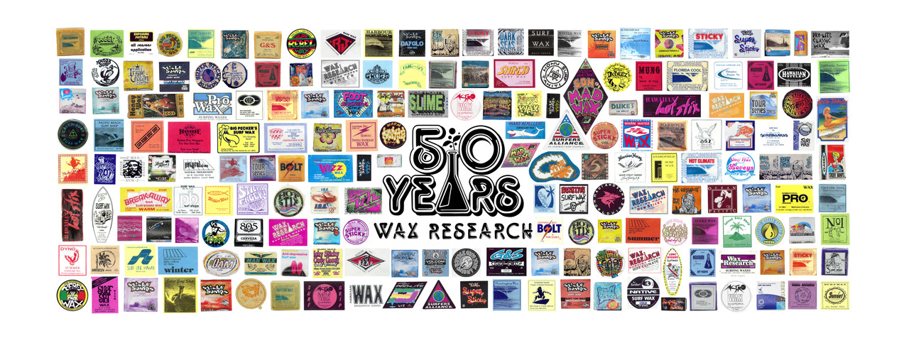 A collage celebrating 50 years of different surf, skate, and snow waxes created by Wax Research. 