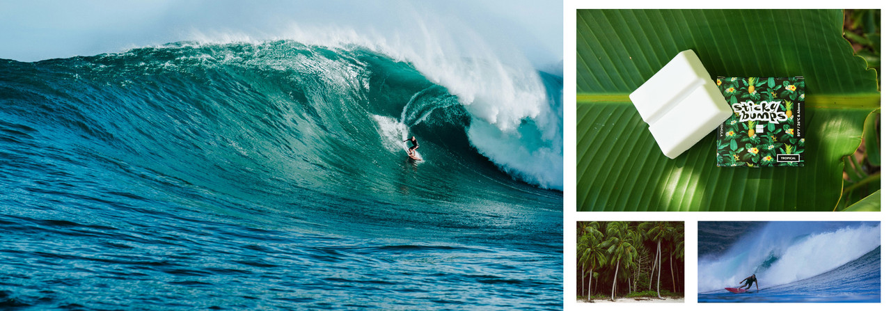 Shop Sticky Bumps Original Formula surf wax - surfers on a big wave with bars of wax