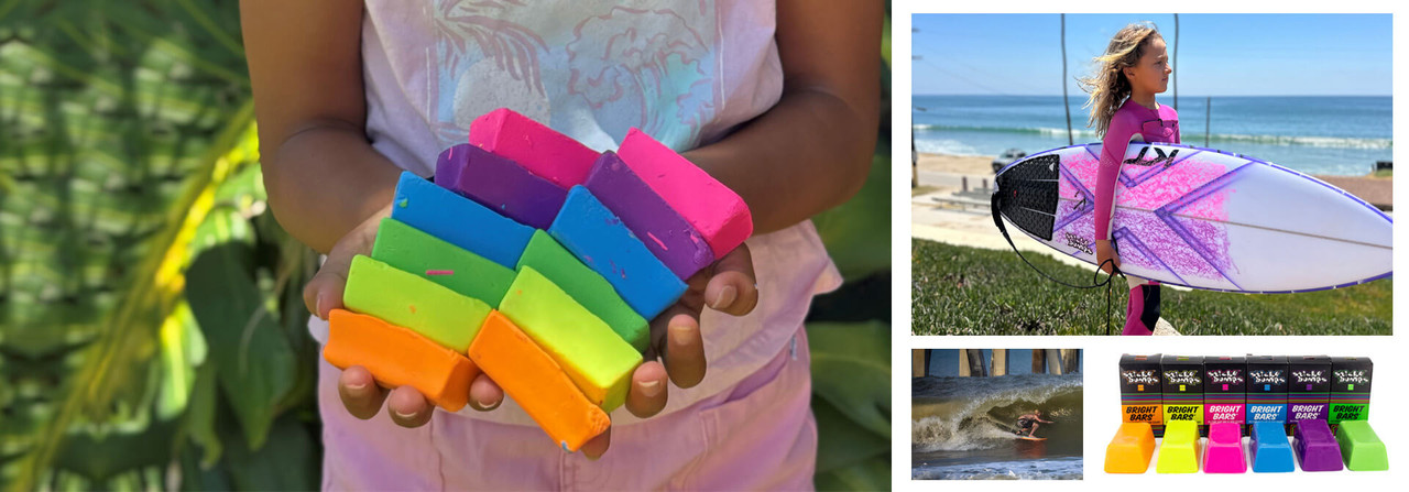 Shop new Bright Bars colored surf wax. Girl holding colored bars of surf wax. Shop new Bright Bars colored surf wax. Girl holding colored bars of surf wax.