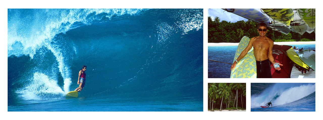 Gerry Lopez soul arching through a large barrel at pipeline with side images of Gerry holding a a bar of Sticky Bumps surf wax, bottom turning on a wave, and photo of a sandy tropical beach with palm tress.