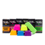 6 Bright Bars colored surf waxes (orange, pink, blue, yellow, purple, and green) stacked in front of their boxes. 6 Bright Bars colored surf waxes (orange, pink, blue, yellow, purple, and green) stacked in front of their boxes.