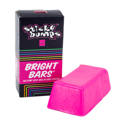 Sticky Bumps Bright Bars all-temp surf wax shown in Neon Vice color with its packaging. Sticky Bumps Bright Bars all-temp surf wax shown in Neon Vice color with its packaging.