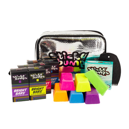 Sticky Bumps Bright Bars wax kit with 6 Bright Bars colored surf wax, 1 bar of Sticky Bumps Basecoat, Easy Grip wax comb, and Tech Mirror wax case. Sticky Bumps Bright Bars wax kit with 6 Bright Bars colored surf wax, 1 bar of Sticky Bumps Basecoat, Easy Grip wax comb, and Tech Mirror wax case.