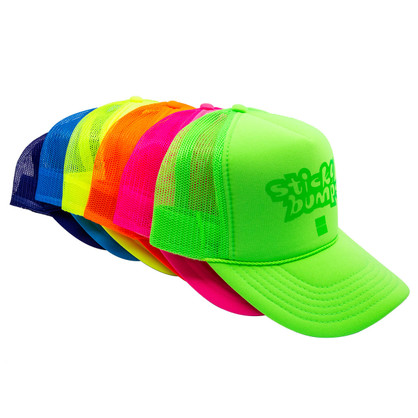 Sticky Bumps Bright Logo Trucker Hat - group image of neon green, orange, pink, blue, purple, and yellow trucker hats with glossy logo prints. Sticky Bumps Bright Logo Trucker Hat - group image of neon green, orange, pink, blue, purple, and yellow trucker hats with glossy logo prints.