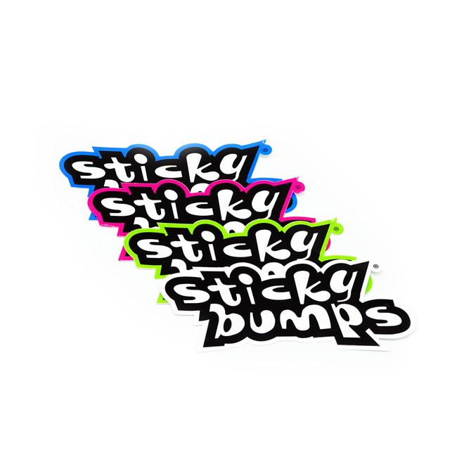 Four 5 inch Sticky Bumps logo stickers in blue, pink, green, and black. 