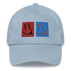 Happy face, tiles, red and blue
light blue dad hat