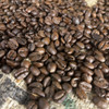 Dark roast coffee beans on a burlap bag