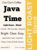 Java Time light roast coffee label with yellow light roast banner and tagline Bright. Clear. Easy.