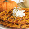 Pumpkin Pecan Waffle wax melt clamshell on table styled with waffles and fall decor