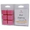 Black Raspberry Cheesecake Wax Melt in a clamshell package with six deep pink cubes and a label highlighting raspberry, vanilla, and lemon notes.