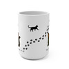Side view of Catitude Check mug showing black cat silhouette and paw prints wrapping around